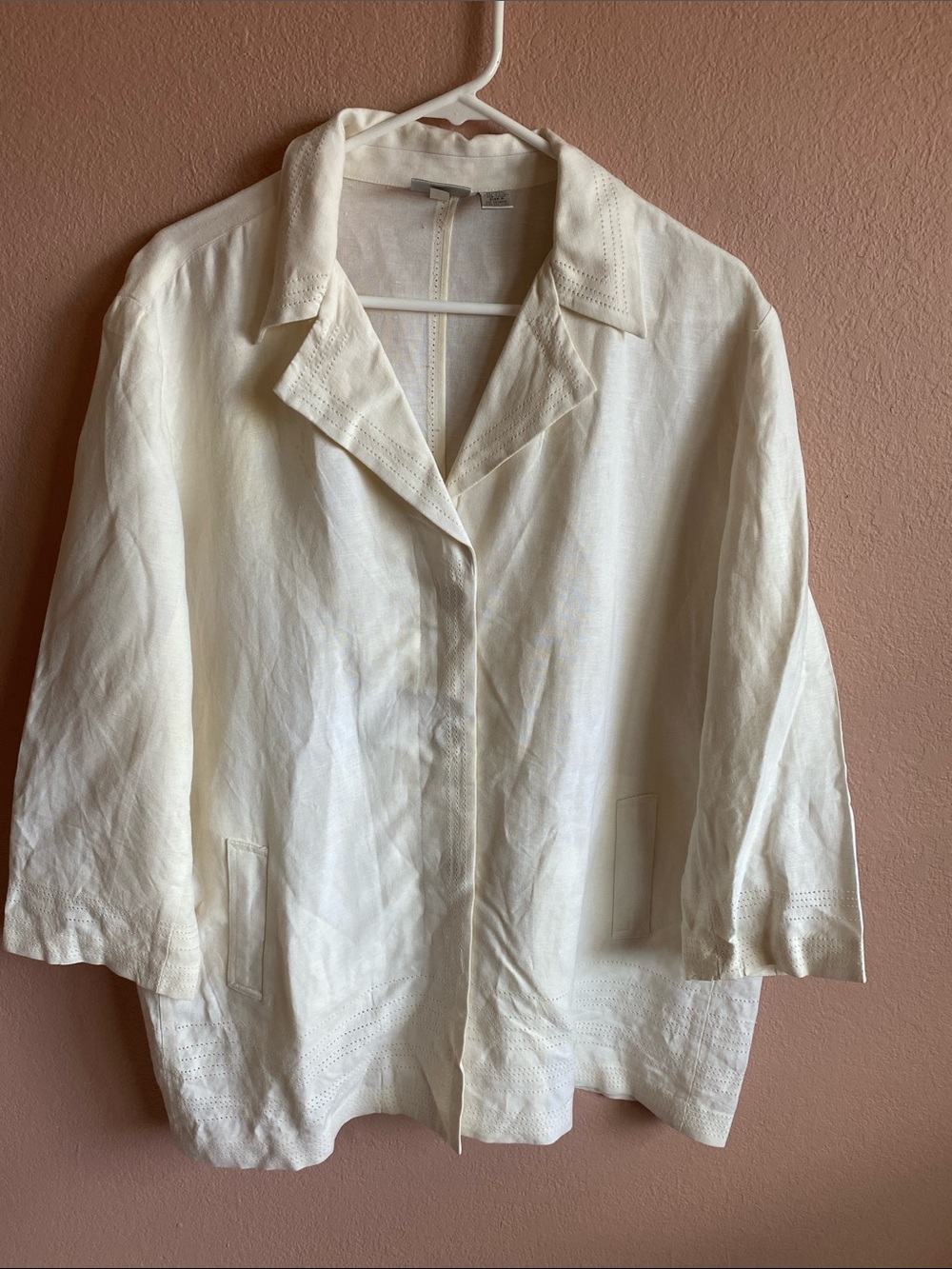 CHICO’S 3/4 Sleeves Cream Linen Eyelet-Detail Jacket